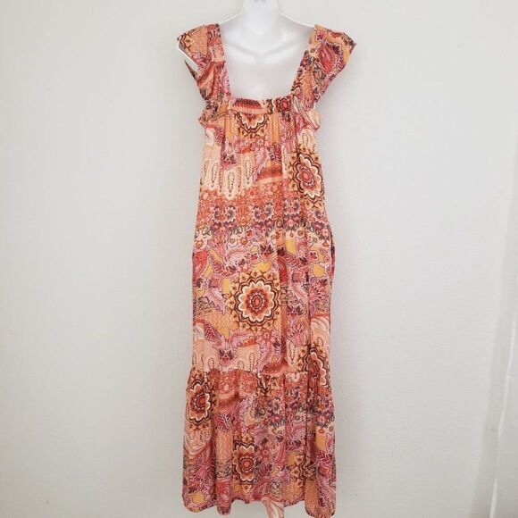 Knox Rose Floral Maxi Dress Orange Small Boho Maximalist Beachy Flowy Casual - Picture 8 of 10